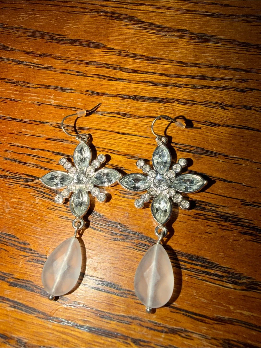 Silver Crystal Floral Drop Earrings with Frosted Teardrop